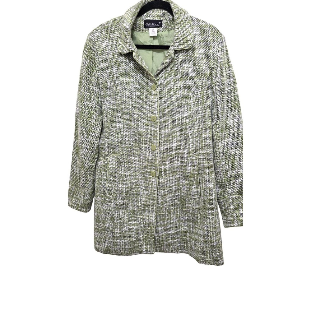 Dialogue Women's Utility Glam Green & White Tweed Long Sleeve Blazer Jacket Size